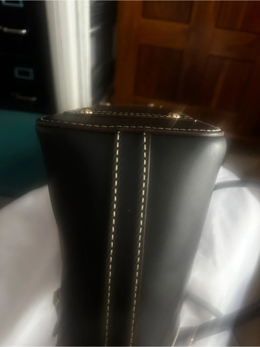 Dooney & Bourke Black Leather Tote Gold Hardware Contrast Stitching